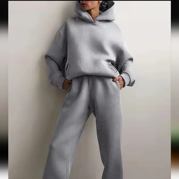 Cozy Tan 2 Pc Hoodie and Sweatpants Set Brand New Comfy Oversized Boxy Neutral - Picture 2 of 2